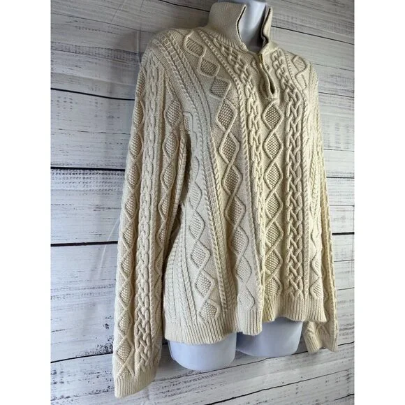 RALPH LAUREN Ivory Cable Knit Women Sweater 3/4 Zip Size XL Academia Preppy - Picture 2 of 11